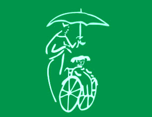 Logo stowarzyszenia Żurawinka. Uproszczony rysunek osoby trzymającej parasol nad dziewczynką siedzącą na wózku inwalidzkim, linie rysunku są jasno zielone, tło jest ciemno zielone.