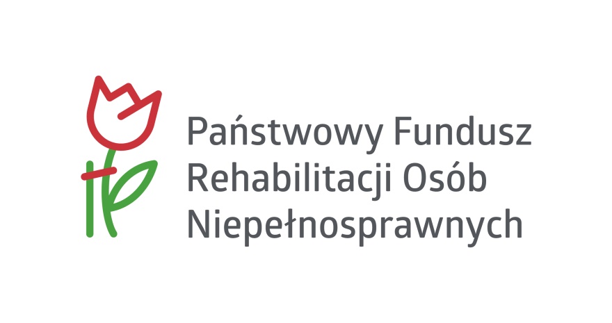 Logo Państwowego Funduszu Rehabilitacji Osób Niepełnosprawnych. Od prawej prosta grafika roślina z czerwonym kwiatem, zieloną łodygą i liściem, przymocowana jest do zielonej tyczki czerwonym paskiem, dalej w trzech wersach napis Państwowy Fundusz Rehabilitacji Osób Niepełnosprawnych.